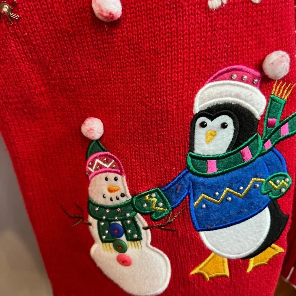 Vintage Christmas Red Cardigan With Embroidered Penguins & Snowmen Theme - Picture 3 of 8